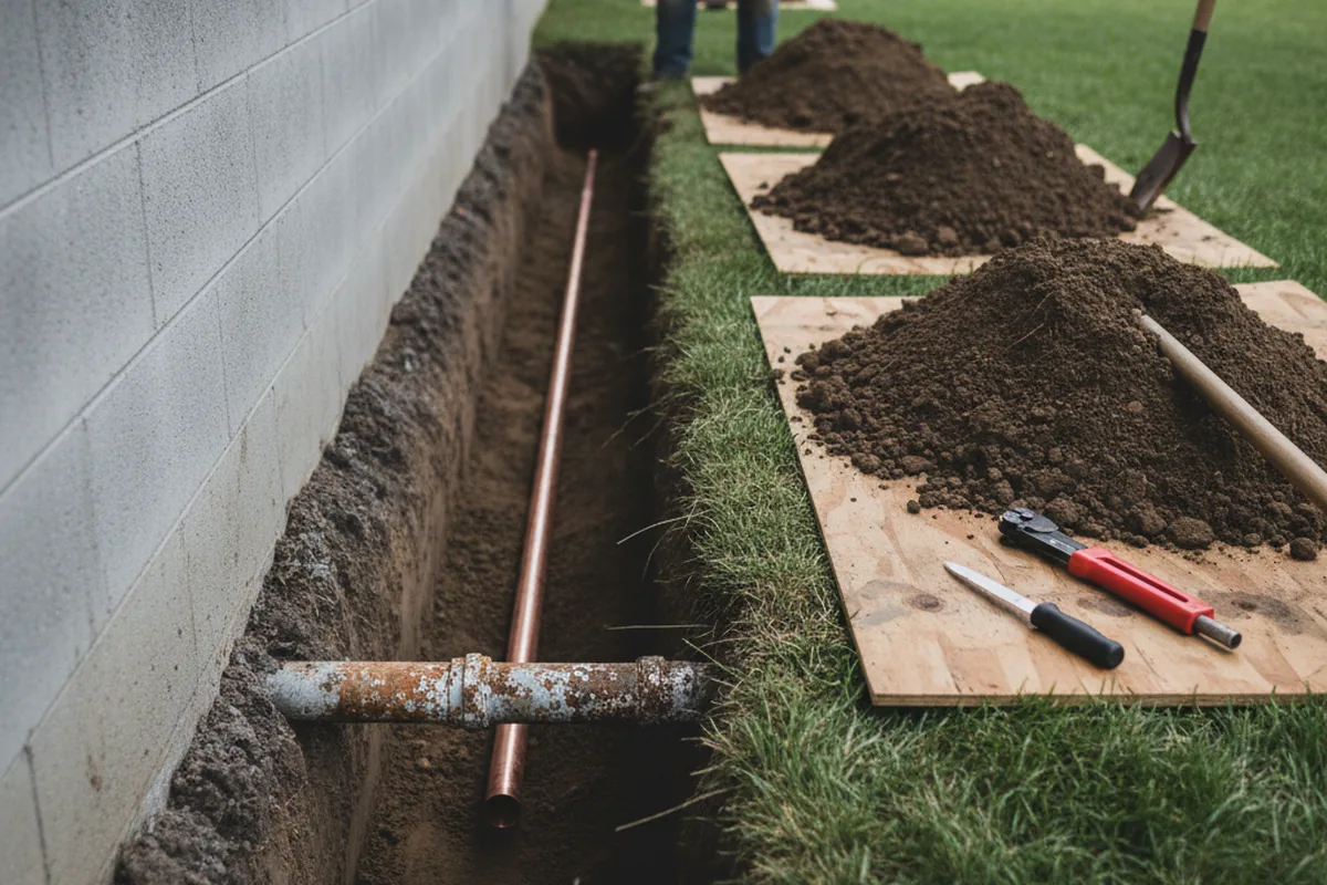 Excavated water line trench during Sewer Line Repair in Norco